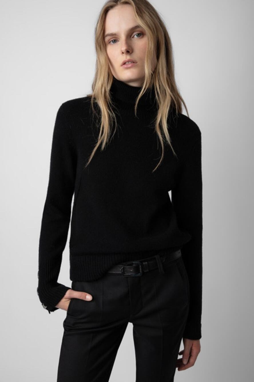 Zadig & Voltaire Boxy RC Bijoux Knit Mock Neck Pullover Sweater Black L NWT